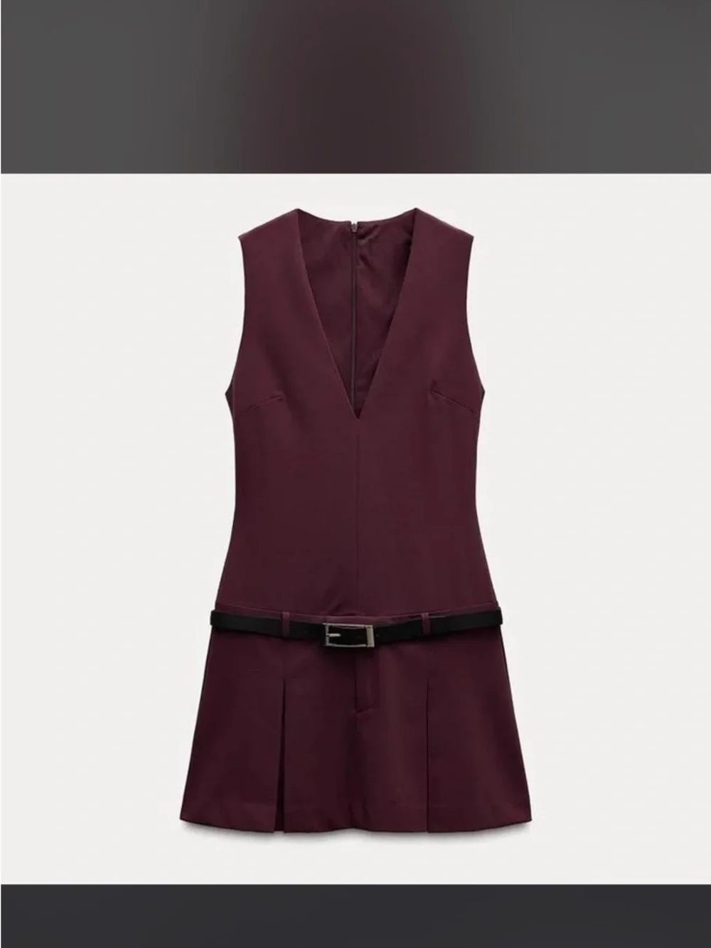 Zara Sleeveless V-Neck Mini Dress in Burgundy with Black Belt - Picture 1 of 3